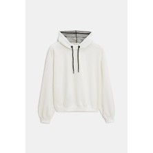 Saade Ekru Kadın Oversize Kapüşonlu Basic Hoodie Sweatshirt