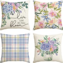 Bebişim Halı 4’lü Pastel Çiçek ve Ekose Desenli Kırlent Kılıfı Seti Live Life In Full Bloom Yazılı Dekoratif Yastık