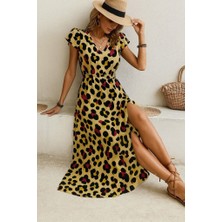 Meğdaix Kadın Kısa Kollu V Yakalı Desenli Yandan Yırtmaçlı Süprem Elbise