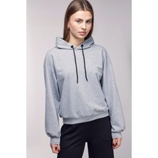 Saade Gri Kadın Oversize Kapüşonlu Basic Hoodie Sweatshirt