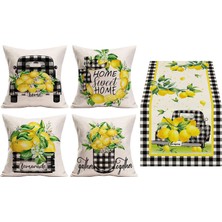 Bebişim Halı Vintage Limon & Ekose Desenli Dekoratif 4’lü Kırlent Kılıfı ve Runner Seti