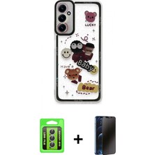 Marsilyan™- Galaxy A25 5g Kılıf Çekirdek Asil - Siyah 3D Antistatik Hayalet Cam Ekran Koruyucu + Gümüş Raze Metal Kamera Lens