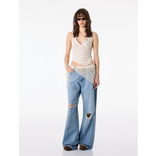 Koton Yıpratılmış Dar Kesim Dantel Kemer Detaylı Ispanyol Paça Denim Pantolon - Flare Jeans