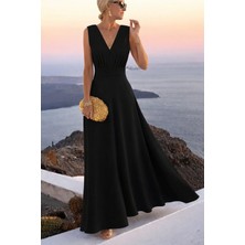 Meğdaix Kadın Askılı V Yakalı Bel Korsaj Detaylı Uzun Ithal Krep Elbise