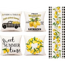 Bebişim Halı Hello Sunshine Limon Temalı Siyah Çizgili Dekoratif 4’lü Kırlent Kılıfı ve Runner Seti