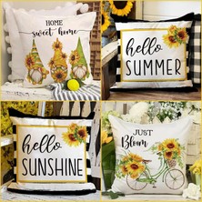 Bebişim Halı 4’lü Ayçiçeği Gnome ve Yazılı Kırlent Kılıfı Seti Hello Summer Sunshine Bloom Dekoratif