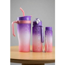 4 Adet Krd Home Çift Renk Pipetli Bardak Matara 3 Lü Set