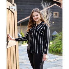 Wear On Collection Kadın Büyük Beden Siyah Beyaz Çizgili Uzun Kollu Düğmeli Bluz