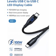 Levels 2 Metre  USB Type-C To Type-C LED Ekranlı Şarj Kablosu 100W Pd Hızlı Şarj
