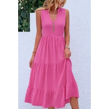 Deridün Yıldız Shoes Kadın Askılı V Yakalı Önden Düğmeli Midi Viskon Elbise