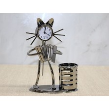 Kanonik Education Metal Akordiyon Çalan Müzisyen Kedi Saat ve Kalemlik