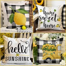 Bebişim Halı 4’lü Limon ve Ekose Desenli Kırlent Kılıfı Seti Home Sweet Home Hello Sunshine Dekoratif Yastık