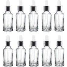 Makrobay 30 cc Cam Damlalıklı Şeffaf Şişe [10 Adet] / Ecza Şişesi / Dropper Şişe Gümüş Renk Kapk