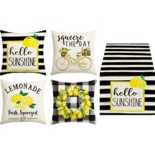 Bebişim Halı Lemonade Yaz Temalı Siyah Çizgili Dekoratif 4’lü Kırlent Kılıfı ve Runner Seti