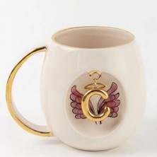 BSK Ceramics Handmade Harfli Pembe Melek Porselen Kupa C Harfi