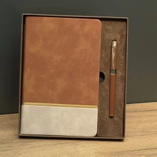 Kanonik Education Taba Rengi Gold Detaylı Termo Deri Defter ve Metal Roller Kalem Hediye Seti