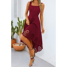 Deridün Yıldız Shoes Kadın Askılı Geometrik Yaka Çiçek Lazer Kesim Ithal Krep Elbise