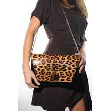 Luvi Maorı Siyah Sarı Desenli Rugan Kadın Clutch Çanta