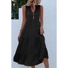 Deridün Yıldız Shoes Kadın Askılı V Yakalı Önden Düğmeli Midi Viskon Elbise