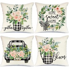 Bebişim Halı 4’lü Çiçek Desenli Kırlent Kılıfı Seti Gül Buketi Home Sweet Home Dekoratif Yastık