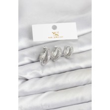 Kuşkaya Ticaret Pirinç Gümüş Renk Zirkon Taşlı Halka Model Ysx Trio Küpe Seti