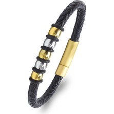 Kuşkaya Ticaret Orijinal Deri ve 316L Gold Çelik Erkek Bileklik 30264B21D2 - 21 cm