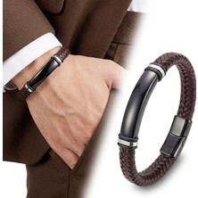 Kuşkaya Ticaret Isim Yazılabilir Kahverengi Deri ve Siyah Titanyum Kilit Bileklik