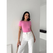 Elaxi Kadın Kısa Kollu Kayık Yaka Buzy Kumaş Tişört