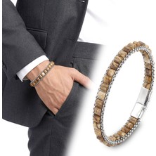 Kuşkaya Ticaret Odun Jasper Doğal Taşlı Hasır Örgü Zincirli Erkek Çelik Bileklik