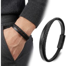 Kuşkaya Ticaret Siyah Deri ve Saç Örgü Ikili Çoklu Çelik Bileklik