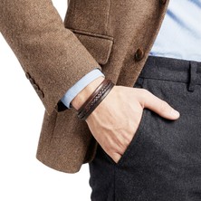 Kuşkaya Ticaret Kahverengi Siyah Deri Erkek Bileklik– Titanyum Çelik Manyetik Kilitli - 21 cm
