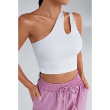Amora Fancy Clothing Kadın Beyaz Tek Omuz Cut Out Detaylı Crop Top Bluz