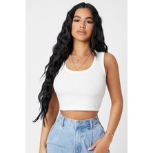 Amora Fancy Clothing Kadın Beyaz Kare Yaka Crop Top Bluz
