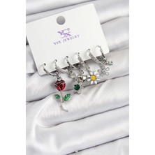 Kuşkaya Ticaret Pirinç Zirkon Taşlı Gül ve Papatya Model Gümüş Renk 3'lü Çift Kadın Küpe