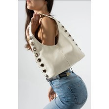 Özüm Çanta Günlük Şık Tasarım Metal Halka Detay Yumuşak Deri Görünümlü Kadın Kol ve Omuz Çanta Krem