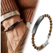 Kuşkaya Ticaret Kaplangözü Doğal Taşlı Siyah Isim Yazılabilir ve Ayarlanabilir Çelik Zincir Bileklik