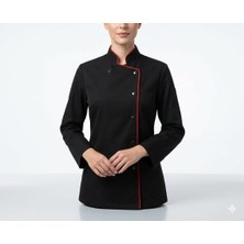 Unisex Chef Kadın Aşçı Ceketi Siyah Kırmızı Biyeli
