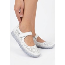 SEPET365 Sina Beyaz Deri Cırt Cırtlı Babet Ayakkabı