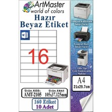 ArtMaster A4 Hazır Beyaz Etiket 105X37.125MM 10 Sayfa 1 Paket 16 Lı Kendinden Yapışkanlı Fotokopi Lazer Inkjet Kağıdı Yazıcılar