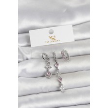 Kuşkaya Ticaret Pirinç Gümüş Renk Pembe Zirkon Taşlı 3'lü Kadın Küpe