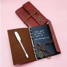 Generic Kahverengi Deri Siyah Yapraklı Defter ve Beyaz Jel Kalem Seti Hediye Seti Kahverengi