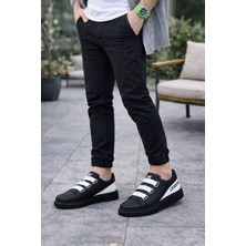 Joy Ayakkabı JY029 Mono Bağcıksız 3 Bantlı Lastikli Legend Cilt Erkek Günlük Sneaker Ayakkabı Cst - Siyah/beyaz