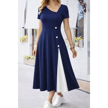 Lunelis Kadın Kısa Kollu Asimetrik Yakalı Düğme Detaylı Midi Viskon Elbise