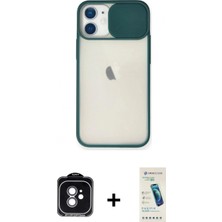 Marsilyan™- iPhone 11 Kılıf Vadi Çizgi - Şeffaf Pasifik Cam Ekran Koruyucu + Yeşil Pvd Metal Kamera Lens