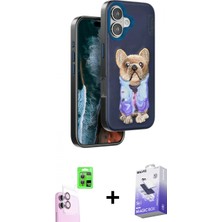 Marsilyan™- iPhone 16 Kılıf Iz Minimal Koleksiyonu - Siyah Bilvis 5in1 5d Magic Hayalet Cam Ekran Koruyucu + Pembe Raze Metal Kamera Lens