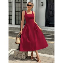 Livizmir Moda Kadın Askılı Kare Yakalı Uzun Ithal Krep Elbise