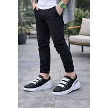 Ramer JY029 Mono Bağcıksız 3 Bantlı Lastikli Legend Cilt Erkek Günlük Sneaker Ayakkabı Cbt - Siyah/beyaz