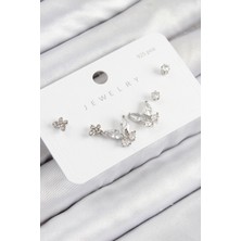 Kuşkaya Ticaret Pirinç Zirkon Taşlı Kelebek Model Gümüş Renk 925 Ayar Gümüş Çivi Kadın Küpe Set