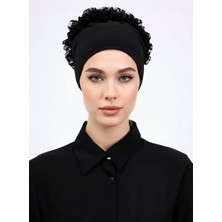 Alivascarf Fırfırlı Dikişsiz Penye Bone Siyah - Kadın Tesettür Bağlamalı Topuz Iç Bone