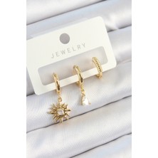 Kuşkaya Ticaret Pirinç Zirkon Taşlı Güneş Model Gold Renk 3'lü Çift Kadın Küpe Set